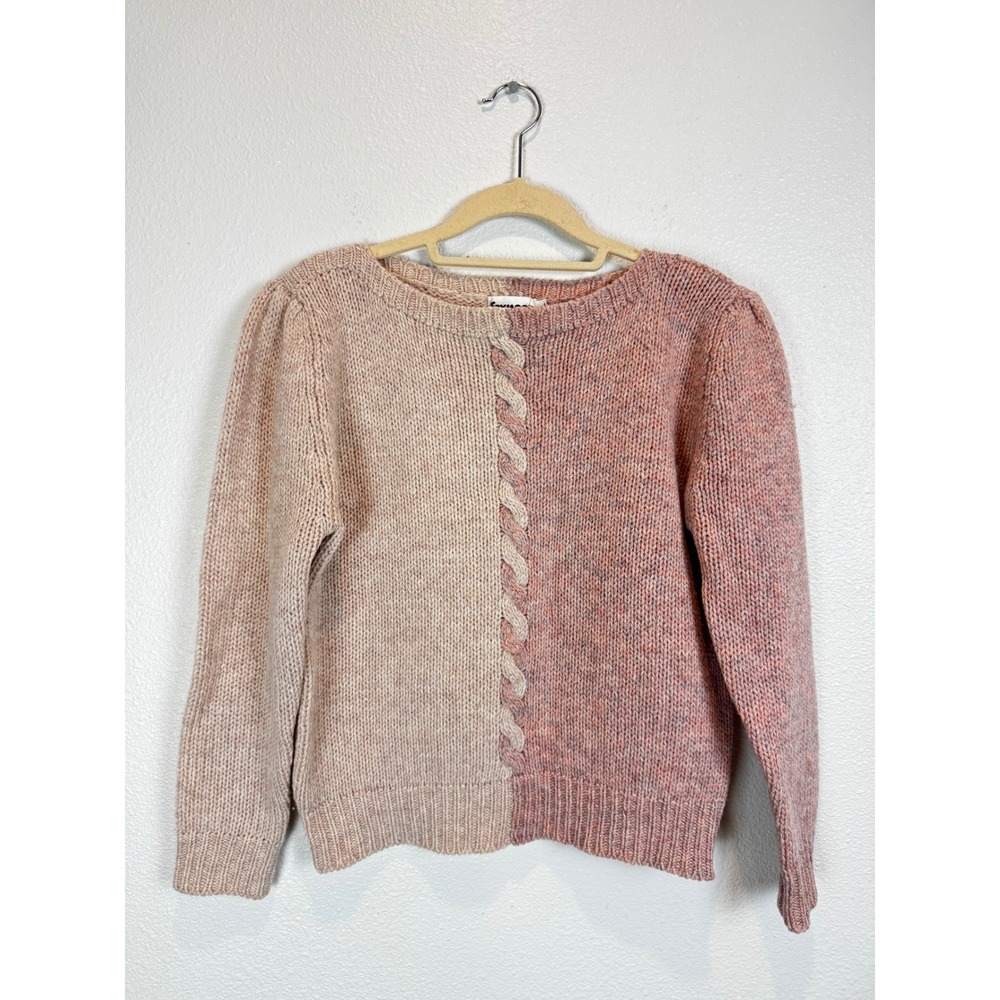 Foxmoor Vintage 100% Wool Sweater L Pink Colorblock Cable Knit Cottagecore
